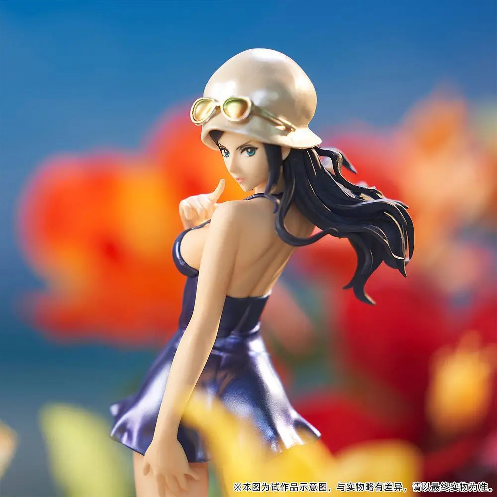 Figura de acción Nico Robin - Estilo Dressrosa (Banpresto Original) con fondo floral, mostrando detalles del vestido y expresión facial refinada.