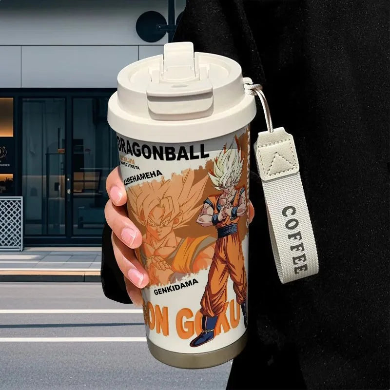 Termo térmico Dragon Ball con diseño de Son Goku, tapa hermética y correa de transporte, perfecto para café o té en movimiento.
