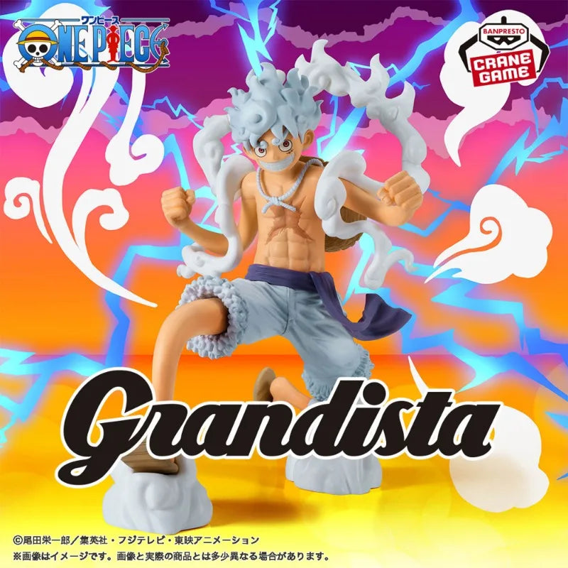 Promocional de la figura Monkey D. Luffy Gear 5 - Linea Grandista (Banpresto) con fondo colorido y logotipos oficiales de One Piece y Banpresto.