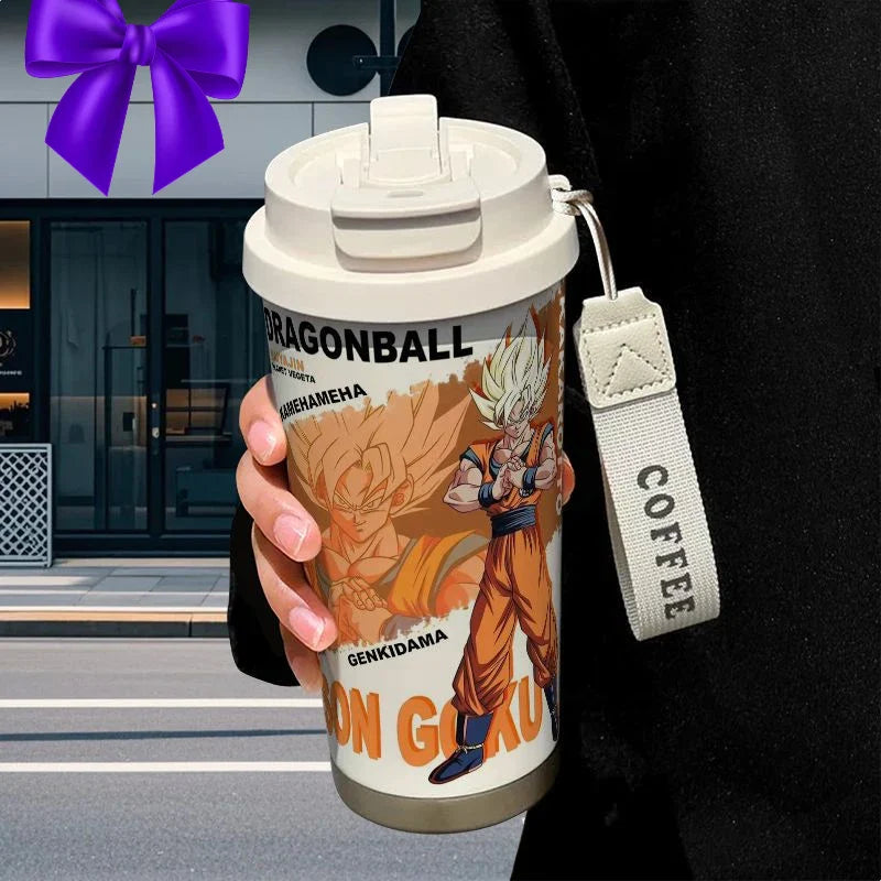 Termo Dragon Ball edición Goku con tapa segura y diseño animado, excelente opción de regalo para fans del anime y bebidas calientes.