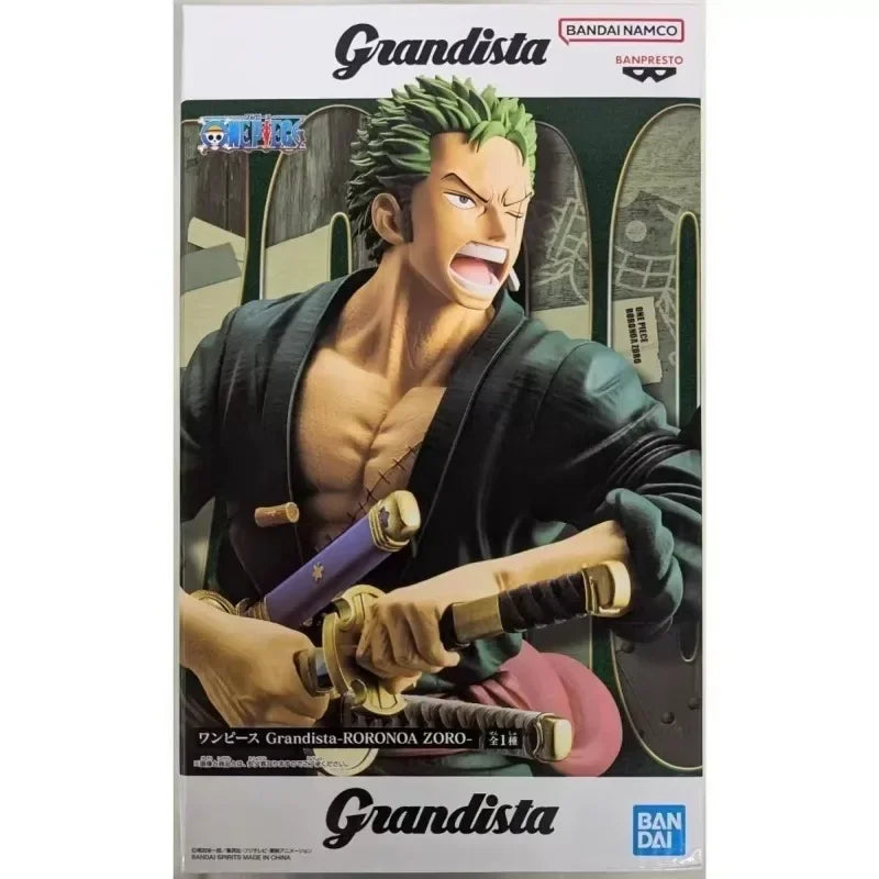 Caja de la Figura Roronoa Zoro - Colección Grandista (Banpresto Original) con ilustración del personaje y logos de Bandai y Banpresto.