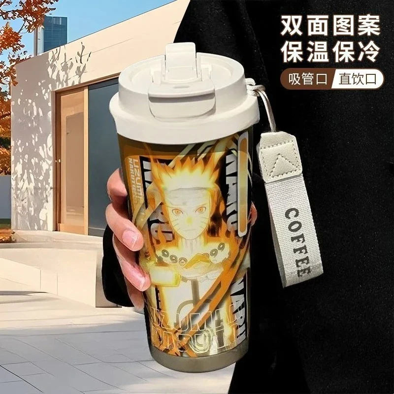 Termo Naruto – Varios personajes con diseño de Naruto Uzumaki en modo Kurama, termo térmico con tapa doble y estilo anime vibrante.