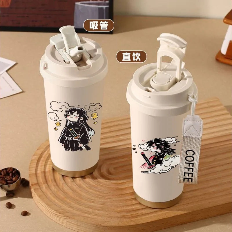 Termos Demon Slayer – Varios personajes con ilustraciones de Giyu y Sanemi, con tapa abatible y opción de sorbete. Perfectos para uso diario.