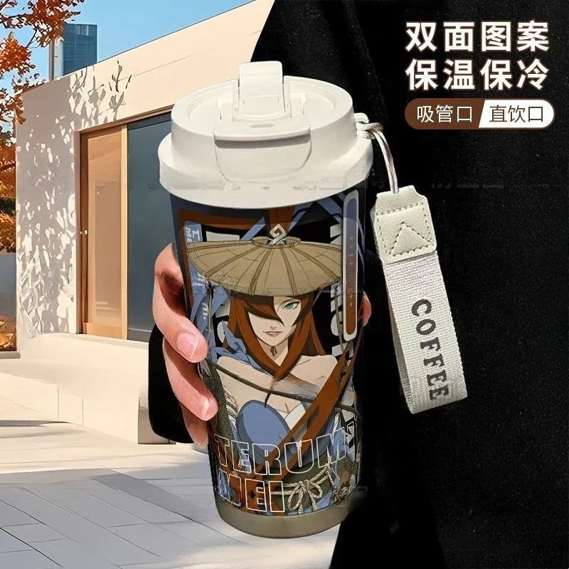 Termo Naruto – Varios personajes con diseño de Mei Terumī, termo térmico con tapa doble y correa, perfecto para bebidas en movimiento.