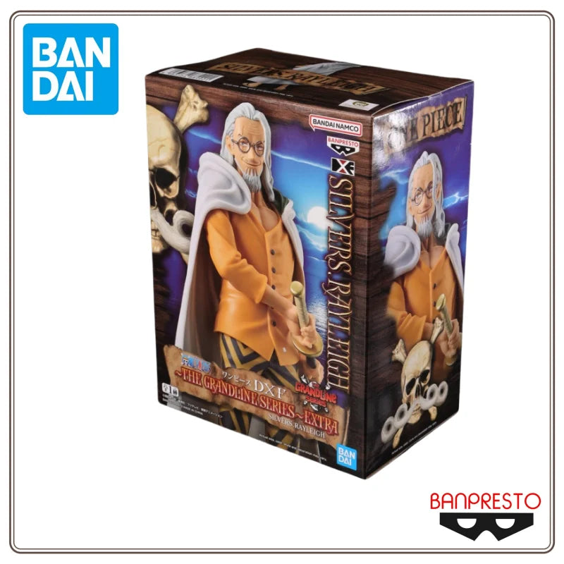 Caja original de la figura Silvers Rayleigh - Colección DXF The Grandline Men (Banpresto Original) con logotipos de Bandai y Banpresto.