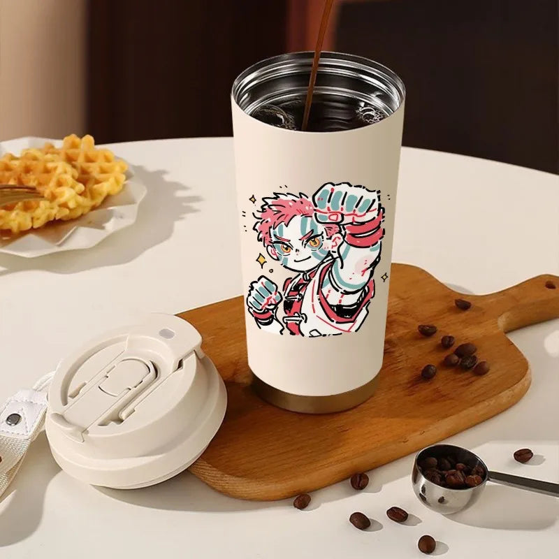 Termo Demon Slayer – Varios personajes con diseño de Akaza en pose de combate. Acero inoxidable con tapa desmontable y gran capacidad.