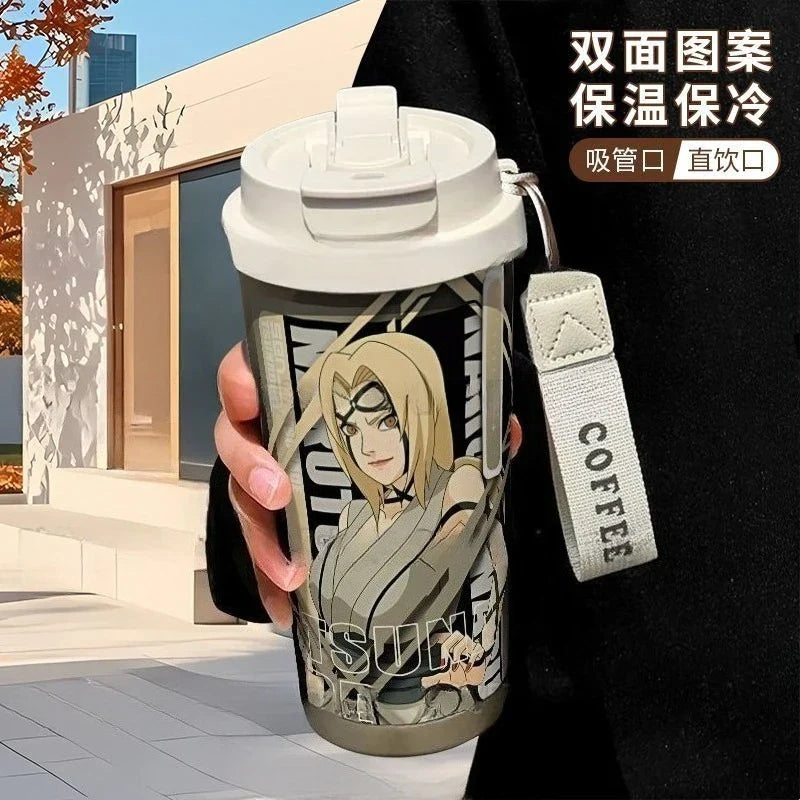 Termo Naruto – Varios personajes con diseño de Tsunade, termo de acero inoxidable con ilustración anime y tapa con boquilla integrada.