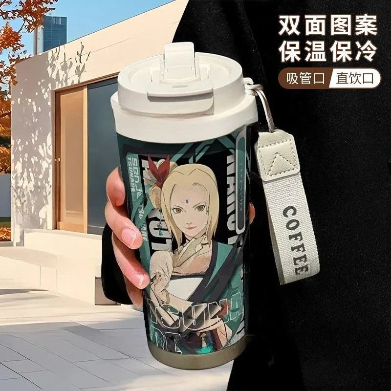 Termo Naruto – Varios personajes con diseño de Tsunade, termo térmico con tapa doble y correa, perfecto para bebidas calientes o frías.