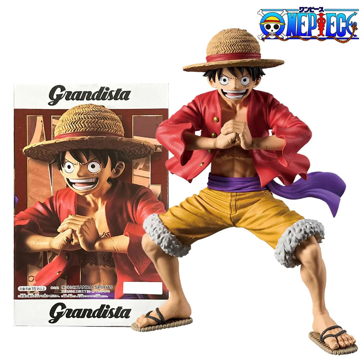 Figura Monkey D. Luffy - Colección Grandista (Banpresto Original) con caja ilustrada de fondo. Detalles realistas y tamaño imponente para fans de One Piece.