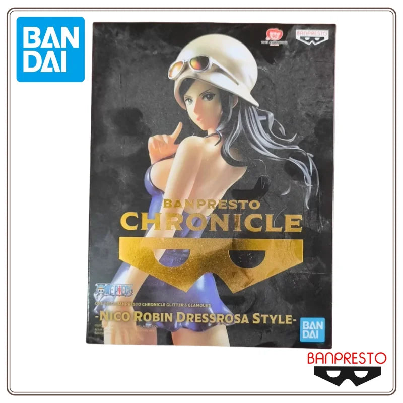 Caja oficial de la figura Nico Robin - Estilo Dressrosa (Banpresto Original) con diseño dorado y logotipos de Bandai y Banpresto visibles.