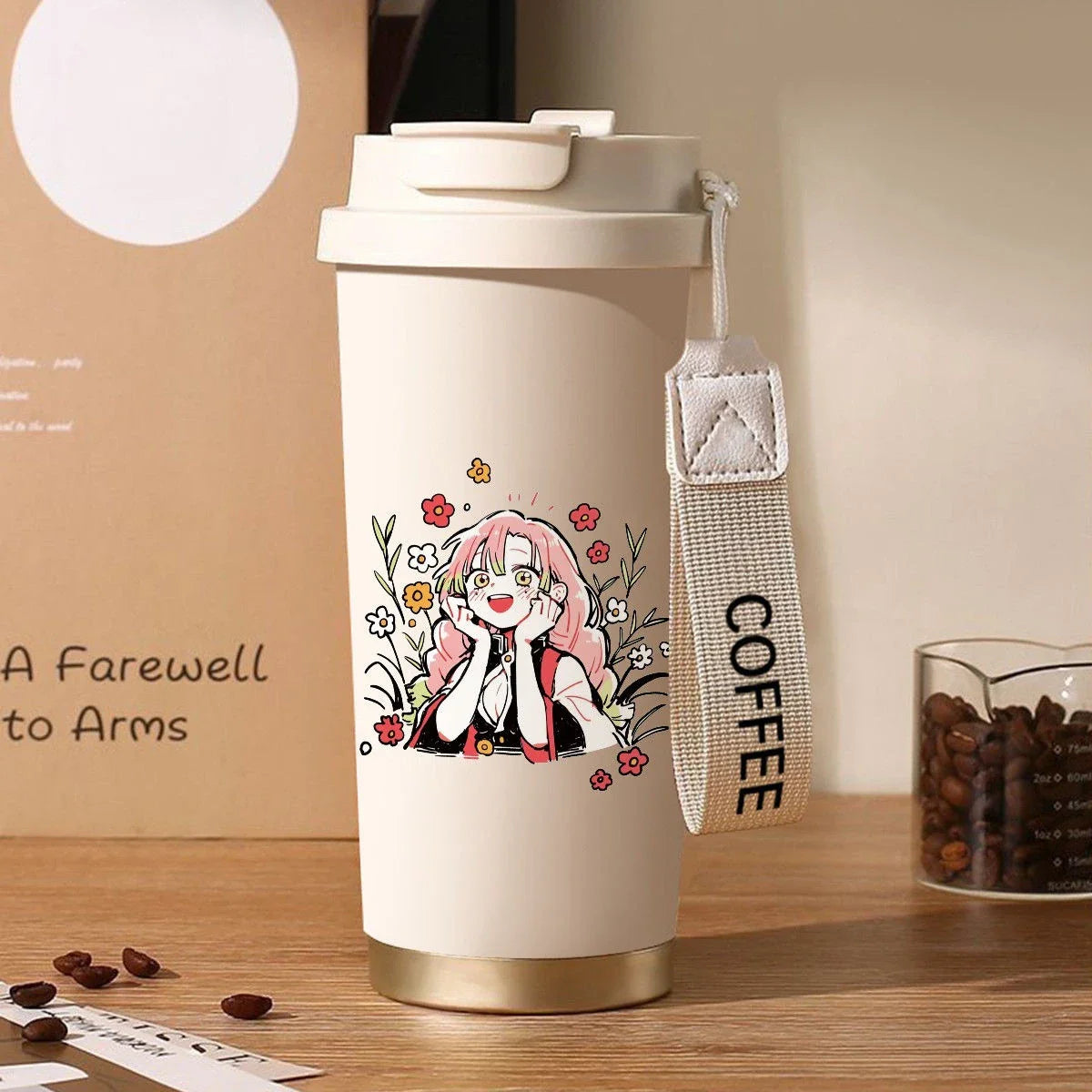 Termo Demon Slayer – Varios personajes con diseño de Mitsuri Kanroji entre flores. Perfecto para bebidas frías o calientes con estilo anime.