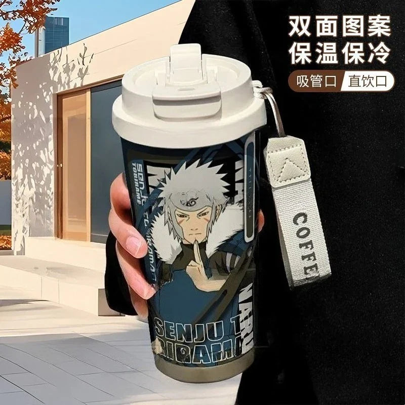 Termo Naruto – Varios personajes con diseño de Tobirama Senju, termo térmico con tapa de doble uso y correa, ideal para fans del anime.