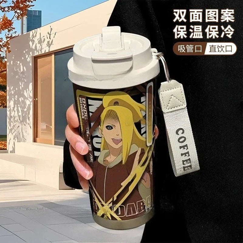 Termo Naruto – Varios personajes con diseño de Deidara, termo térmico con tapa multifunción y correa decorativa, ideal para bebidas y coleccionistas.