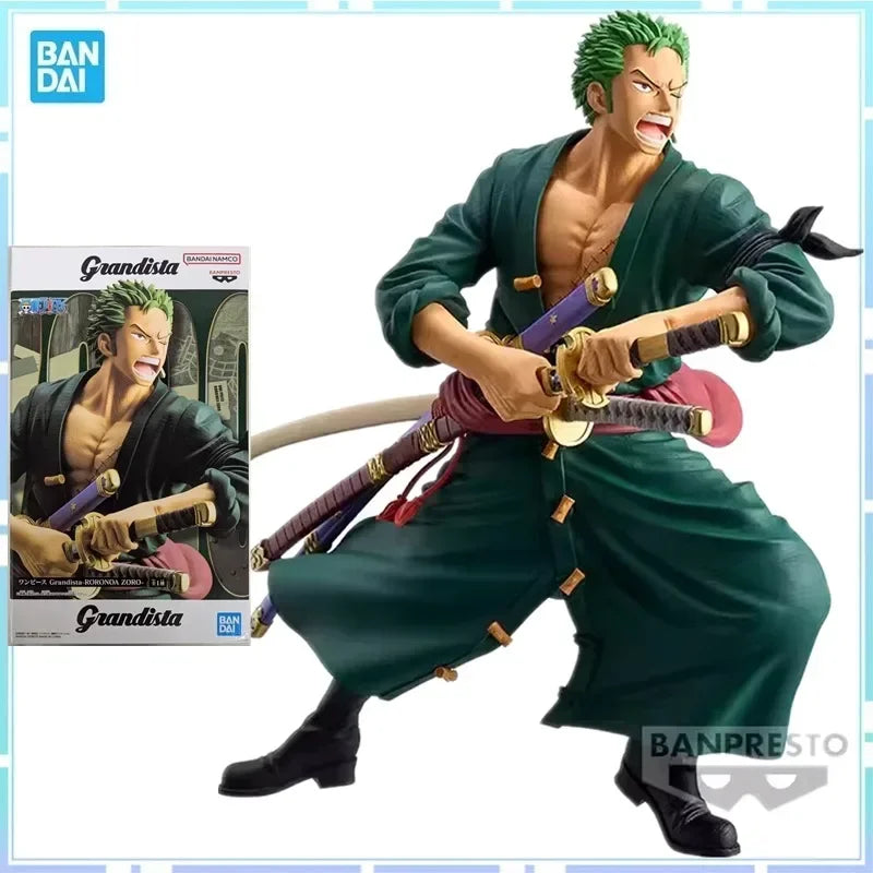 Figura Roronoa Zoro - Colección Grandista (Banpresto Original) con caja visible, mostrando detalles del personaje en pose de combate con espadas.