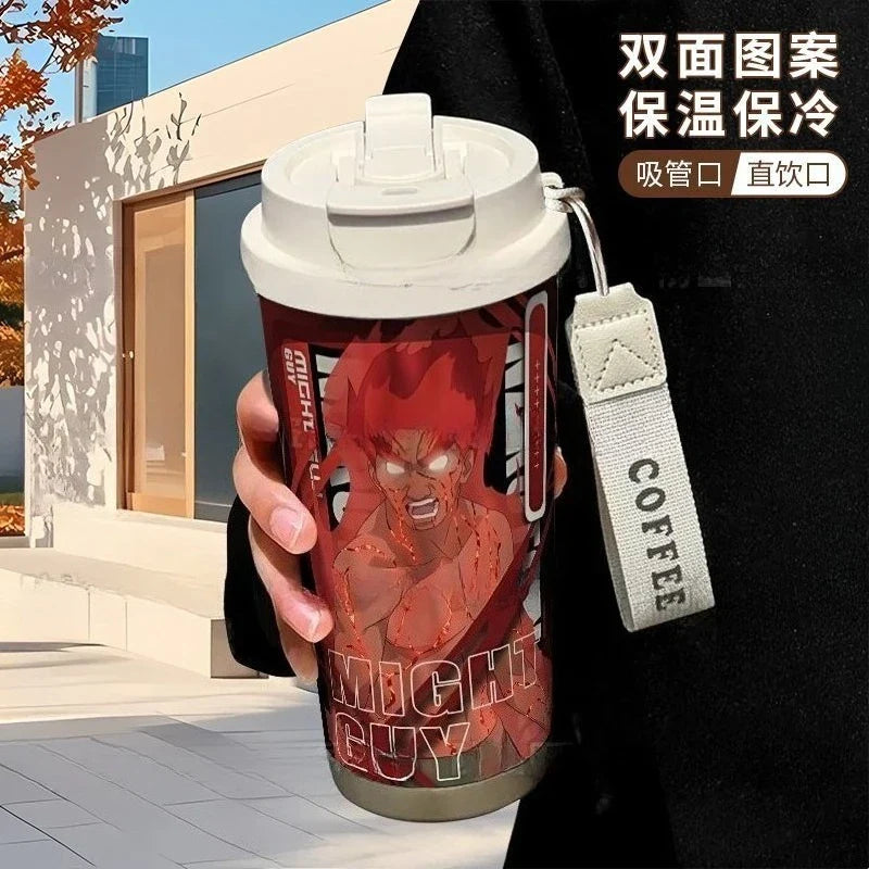 Termo Naruto – Varios personajes con diseño de Might Guy en modo apertura de puertas, termo térmico de acero inoxidable con estilo anime impactante.
