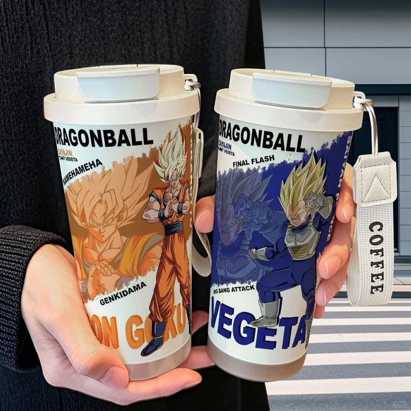Termo Dragon Ball – Goku & Vegeta con diseño de acero inoxidable, doble boquilla y asa portátil, ideal para bebidas calientes o frías.