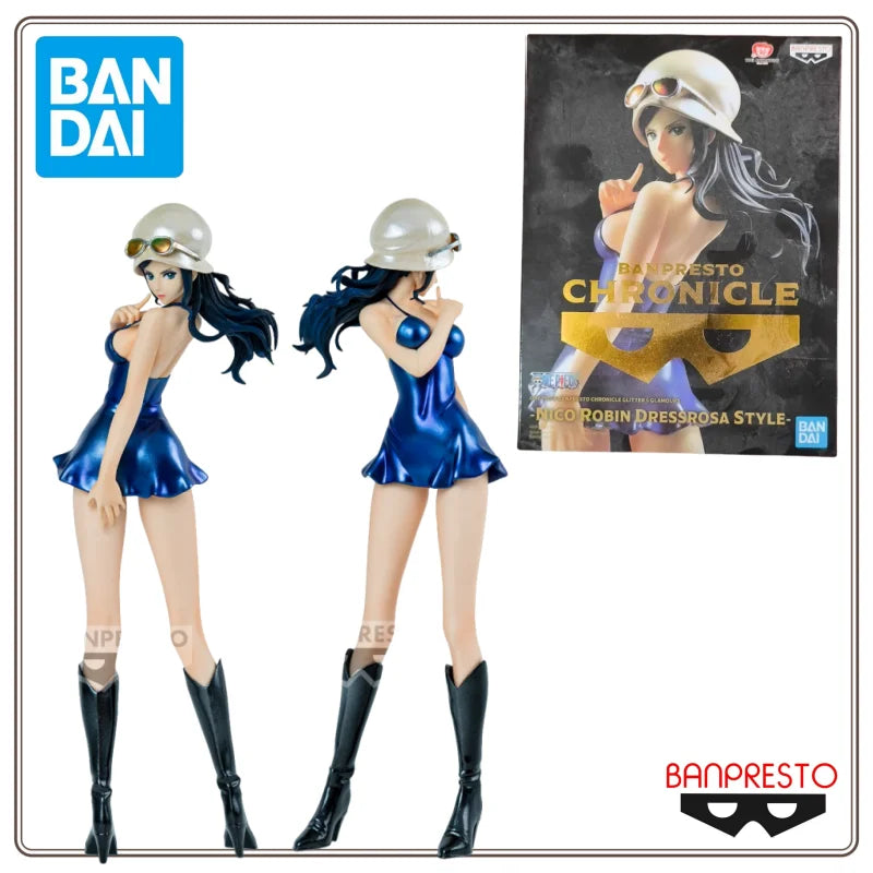 Figura articulada Nico Robin - Estilo Dressrosa (Banpresto Original) con empaque oficial Bandai, mostrando vistas frontal y lateral del diseño.