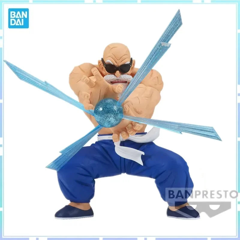 Figura de acción Master Roshi — GXMateria de 18 cm en PVC, mostrando técnica de energía con efecto azul, marca Banpresto oficial.
