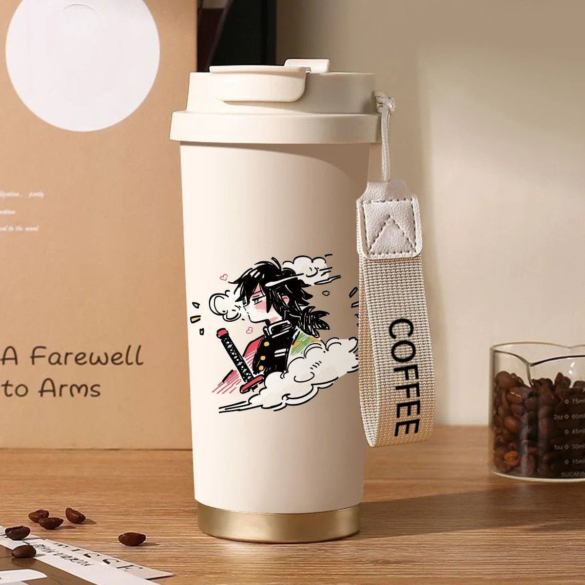 Termo Demon Slayer – Varios personajes con diseño de Sanemi Shinazugawa. Ideal para bebidas en movimiento con tapa de doble uso.