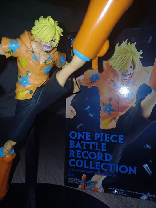 Figura Sanji - Battle Record Collection (Banpresto Original) con caja de fondo, mostrando pose de ataque dinámica y detalles vibrantes del personaje.
